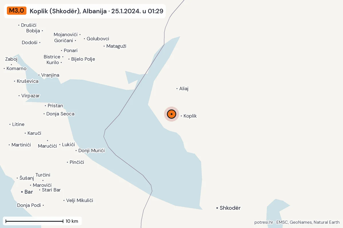 Karta: okolica epicentra, 60 km, potres M3,0, Koplik (Shkodër), Albanija, 25.1.2024.