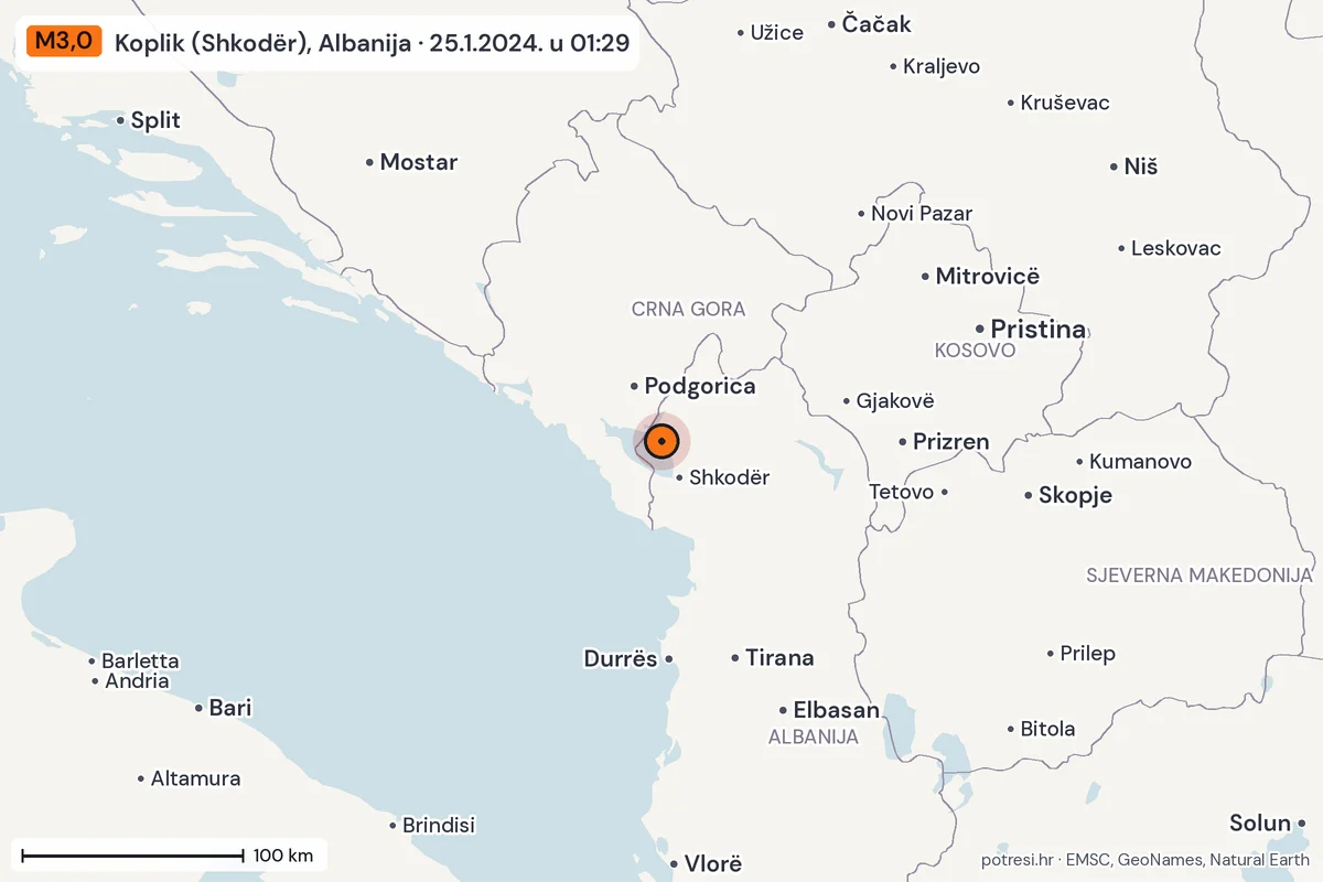 Karta: šire područje, 600 km, potres M3,0, Koplik (Shkodër), Albanija, 25.1.2024.