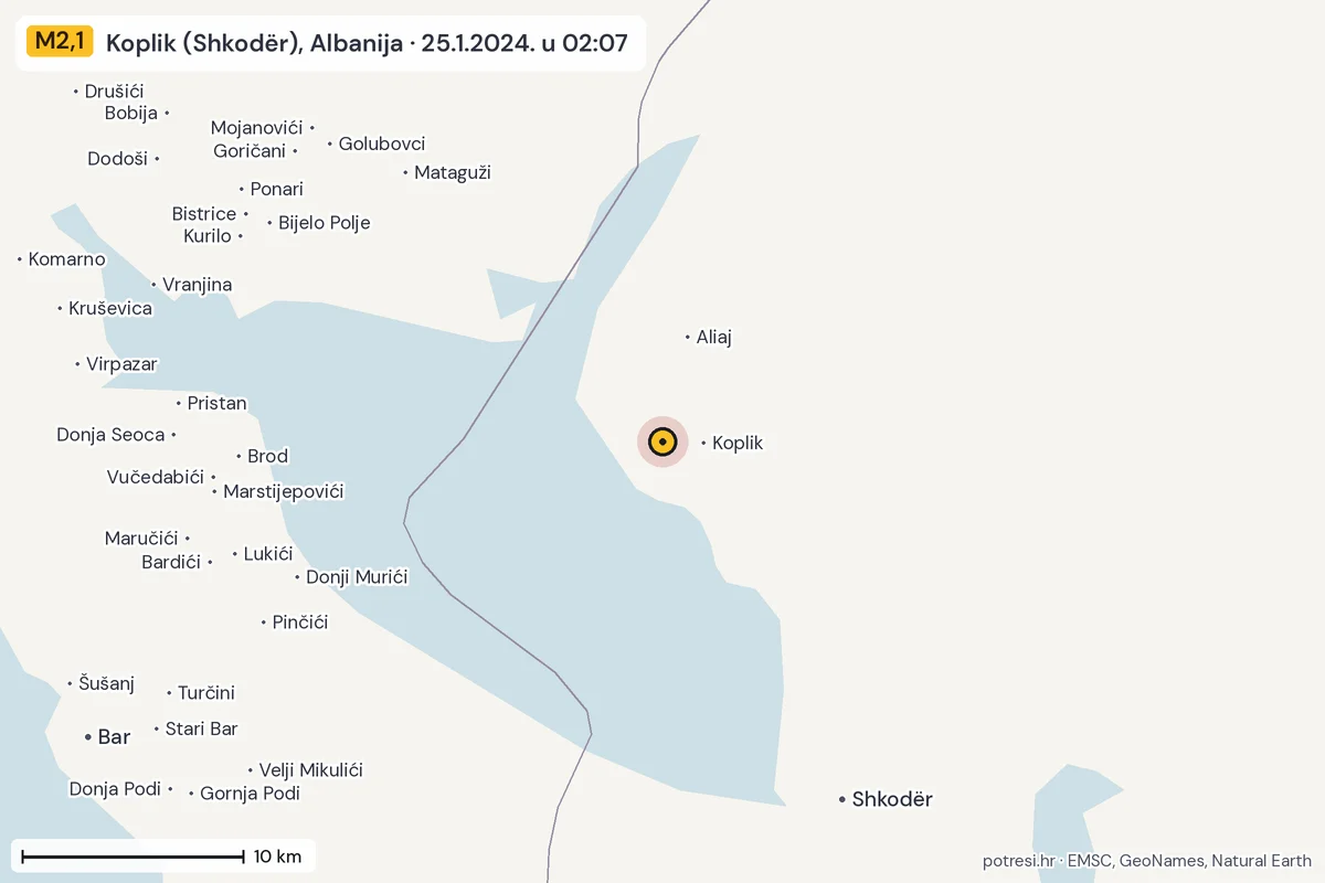 Karta: okolica epicentra, 60 km, potres M2,1, Koplik (Shkodër), Albanija, 25.1.2024.