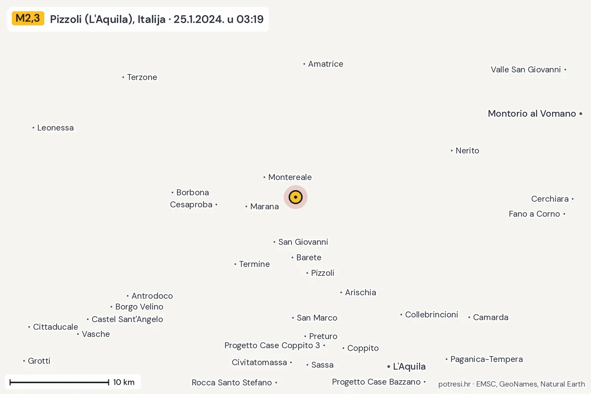 Karta: okolica epicentra, 60 km, potres M2,3, Pizzoli (L'Aquila), Italija, 25.1.2024.