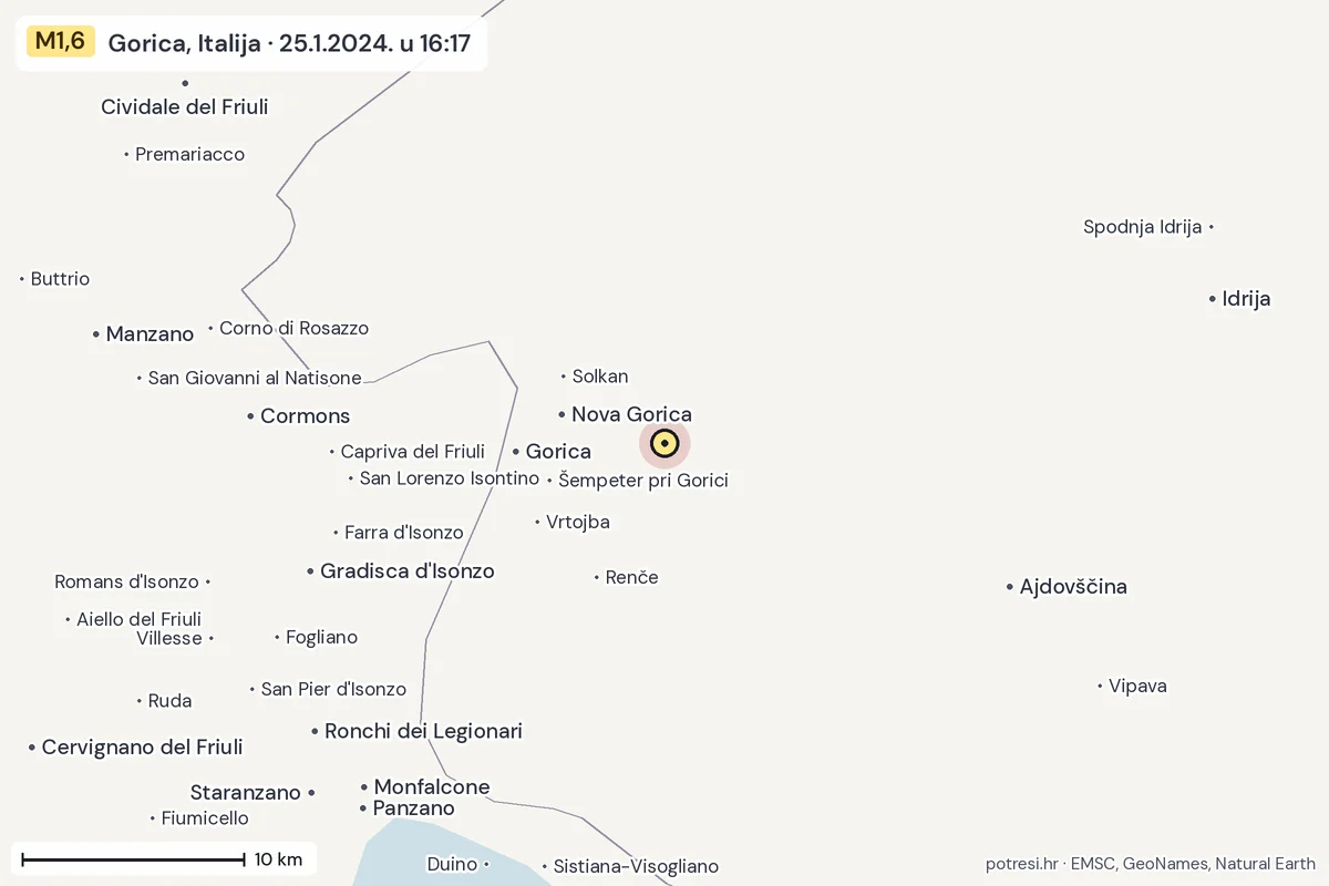 Karta: okolica epicentra, 60 km, potres M1,6, Gorica, Italija, 25.1.2024.