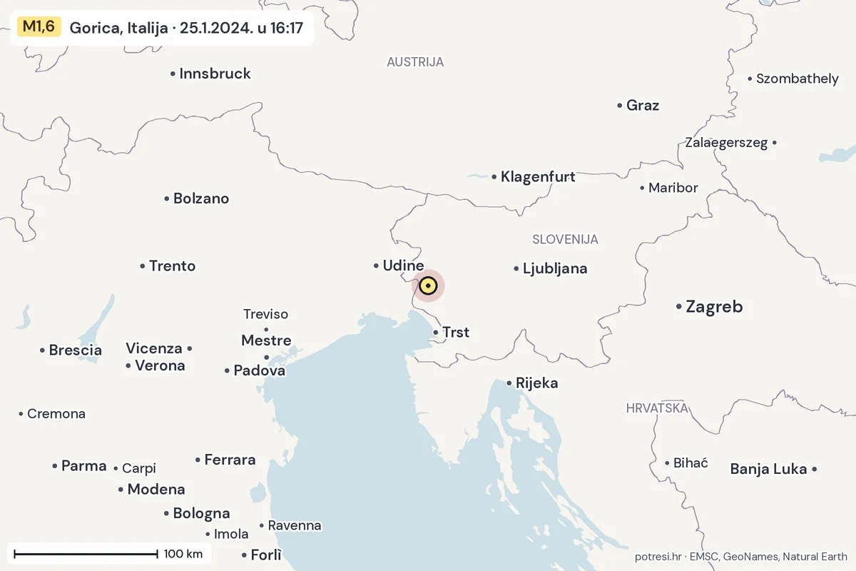 Karta: šire područje, 600 km, potres M1,6, Gorica, Italija, 25.1.2024.