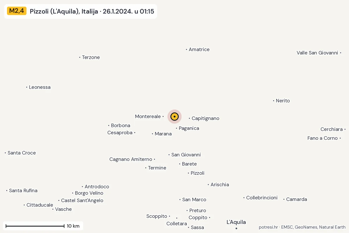 Karta: okolica epicentra, 60 km, potres M2,4, Pizzoli (L'Aquila), Italija, 26.1.2024.