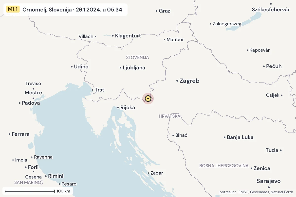 Karta: šire područje, 600 km, potres M1,1, Črnomelj, Slovenija, 26.1.2024.