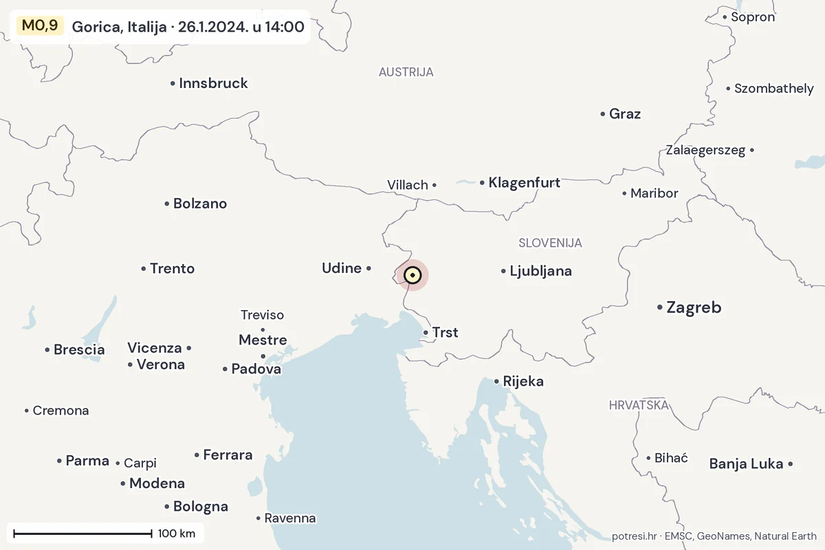 Karta: šire područje, 600 km, potres M0,9, Gorica, Italija, 26.1.2024.