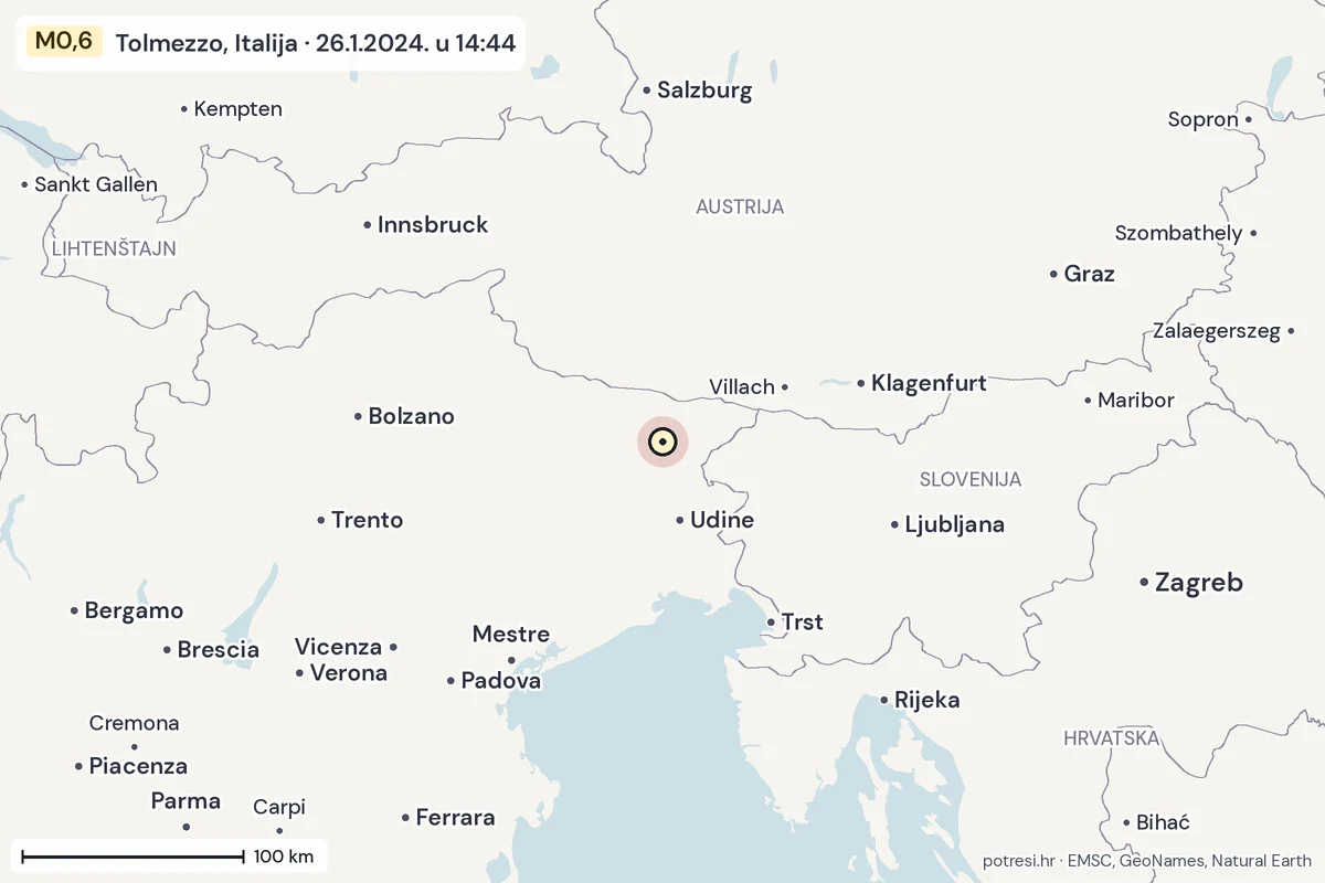 Karta: šire područje, 600 km, potres M0,6, Tolmezzo, Italija, 26.1.2024.