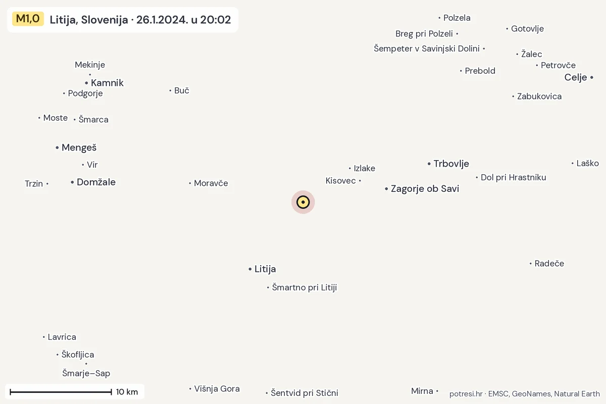 Karta: okolica epicentra, 60 km, potres M1,0, Litija, Slovenija, 26.1.2024.