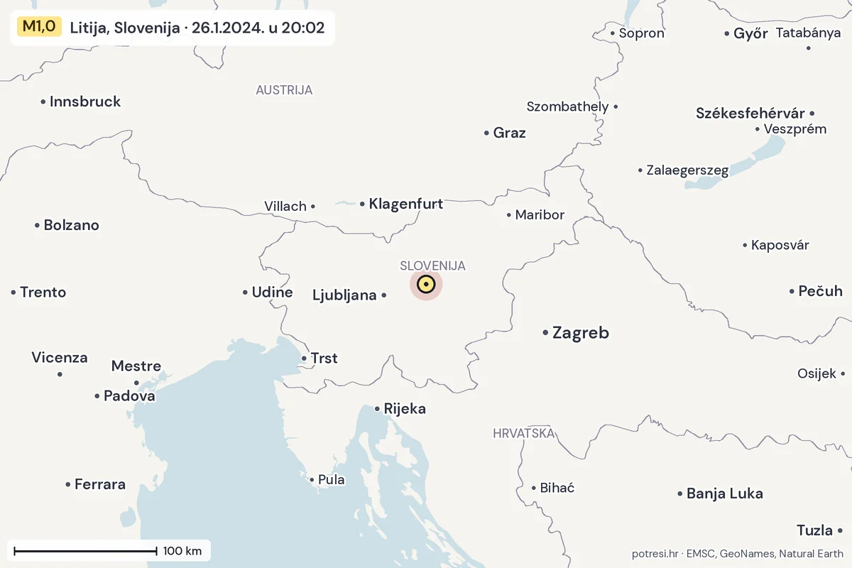 Karta: šire područje, 600 km, potres M1,0, Litija, Slovenija, 26.1.2024.