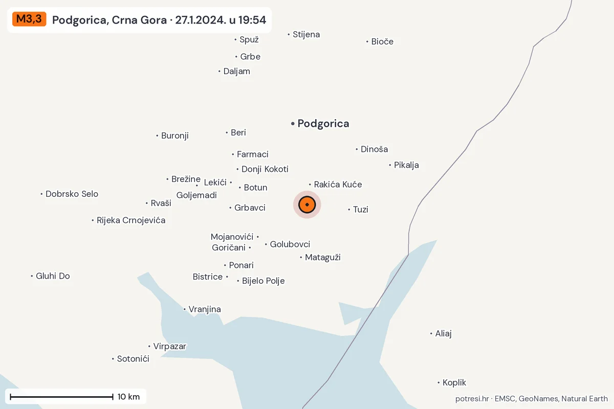 Karta: okolica epicentra, 60 km, potres M3,3, Podgorica, Crna Gora, 27.1.2024.