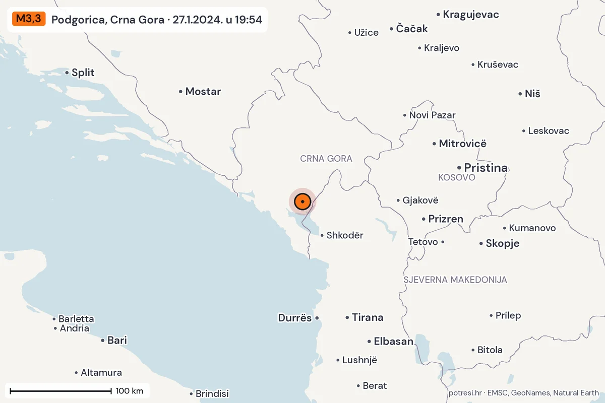 Karta: šire područje, 600 km, potres M3,3, Podgorica, Crna Gora, 27.1.2024.
