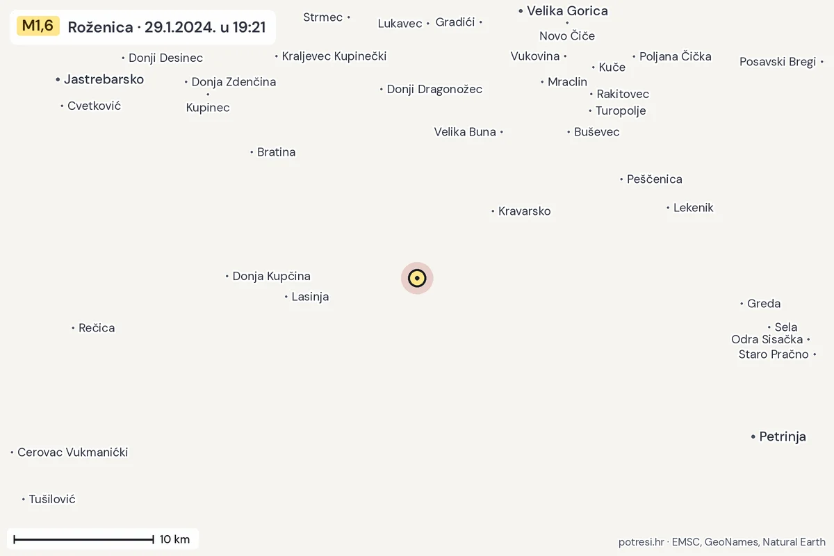 Karta: okolica epicentra, 60 km, potres M1,6, Roženica, 29.1.2024.