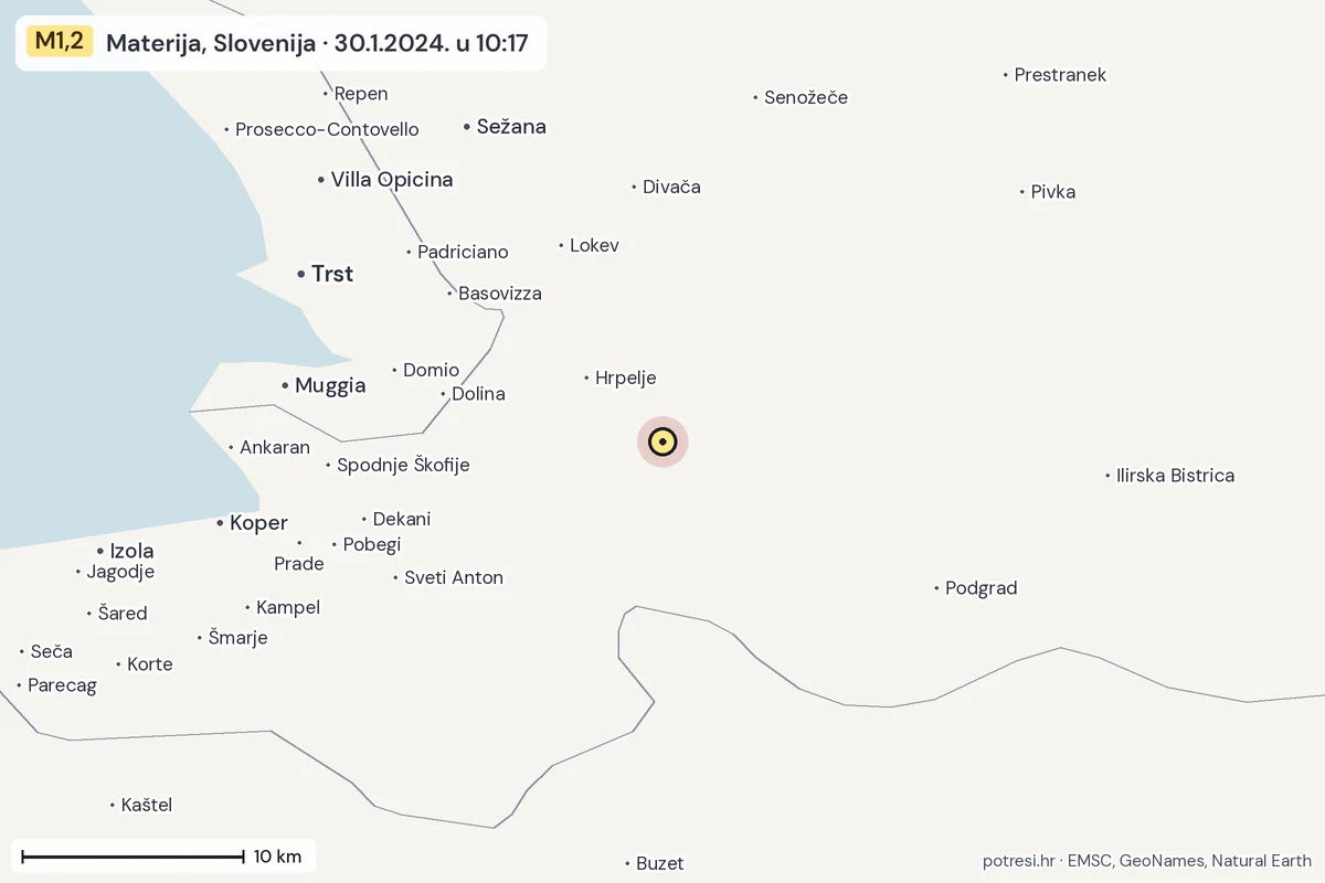 Karta: okolica epicentra, 60 km, potres M1,2, Materija, Slovenija, 30.1.2024.