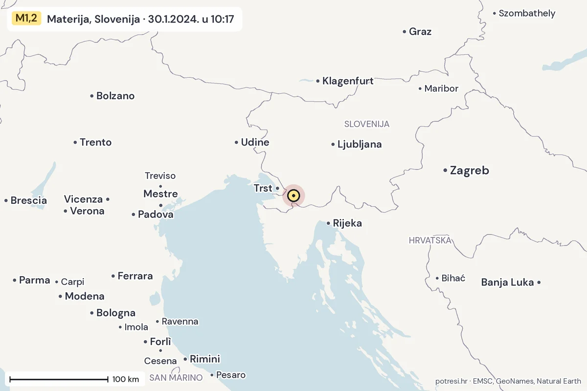 Karta: šire područje, 600 km, potres M1,2, Materija, Slovenija, 30.1.2024.