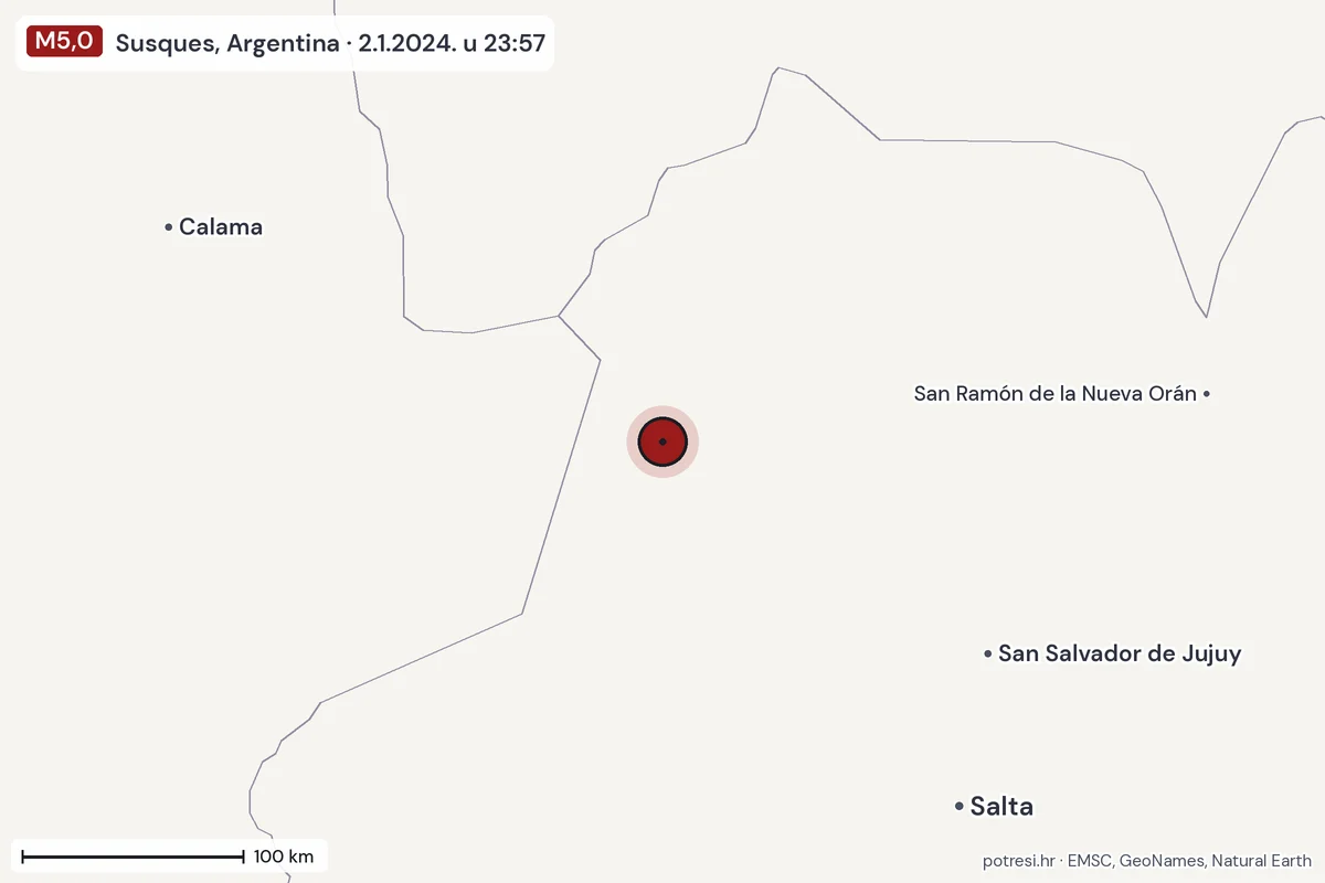 Karta: šire područje, 600 km, potres M5,0, Susques, Argentina, 2.1.2024.