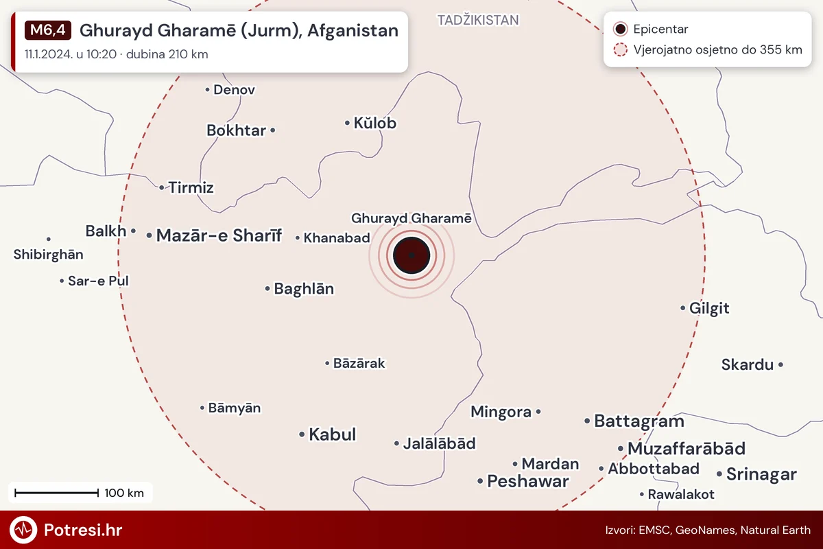 Karta: šire područje i vjerojatni doseg osjeta, potres M6,4, Ghurayd Gharamē (Jurm), Afganistan, 11.1.2024.