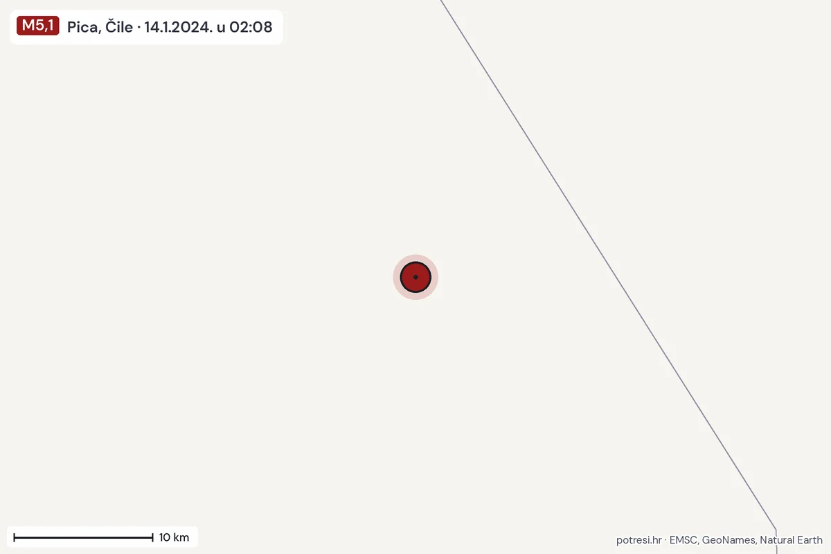 Karta: okolica epicentra, 60 km, potres M5,1, Pica, Čile, 14.1.2024.
