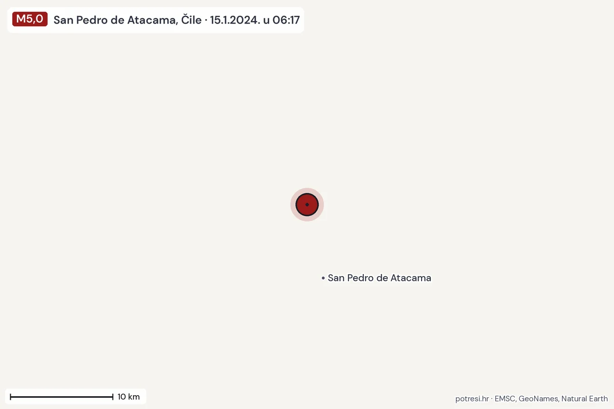 Karta: okolica epicentra, 60 km, potres M5,0, San Pedro de Atacama, Čile, 15.1.2024.