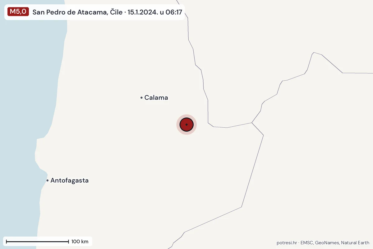 Karta: šire područje, 600 km, potres M5,0, San Pedro de Atacama, Čile, 15.1.2024.