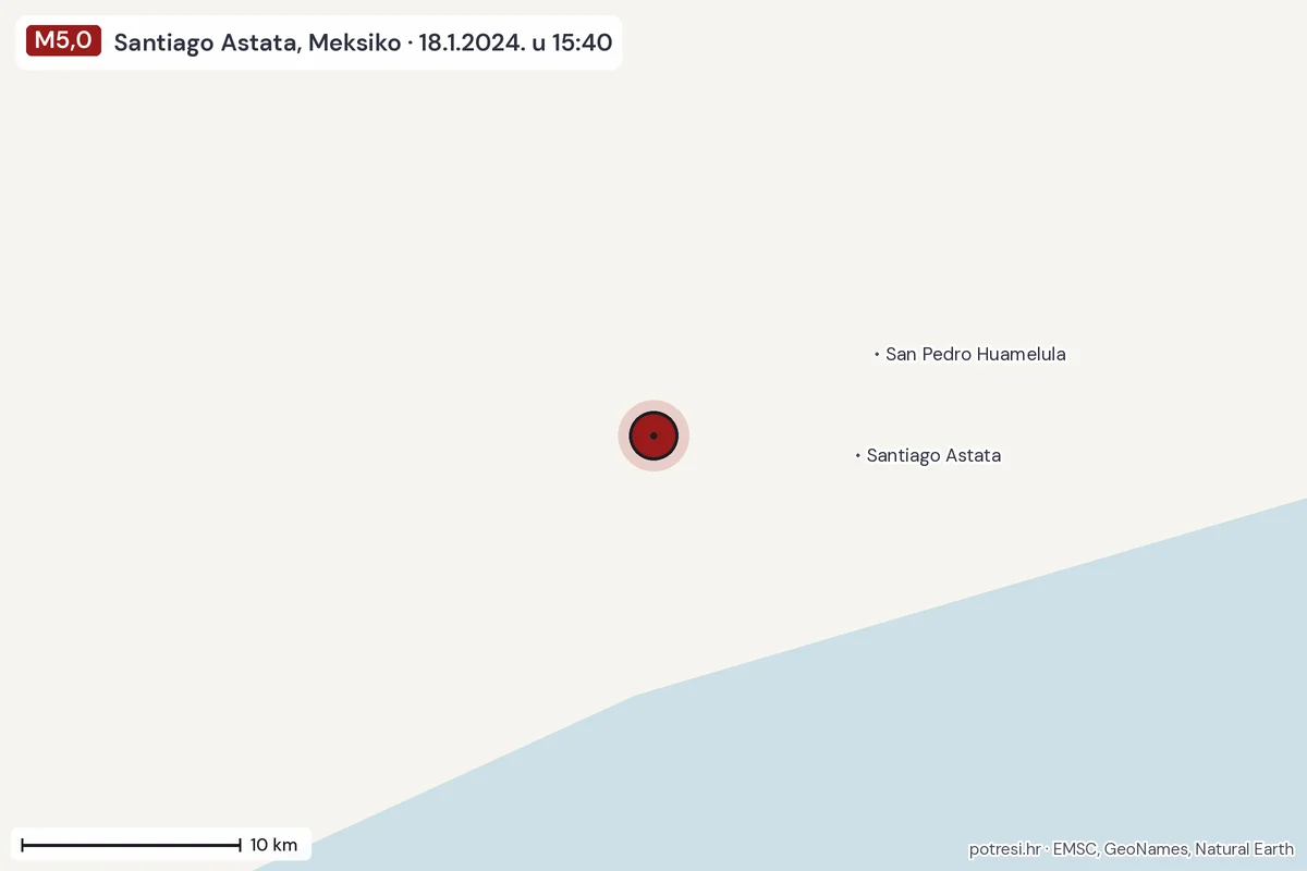 Karta: okolica epicentra, 60 km, potres M5,0, Santiago Astata, Meksiko, 18.1.2024.