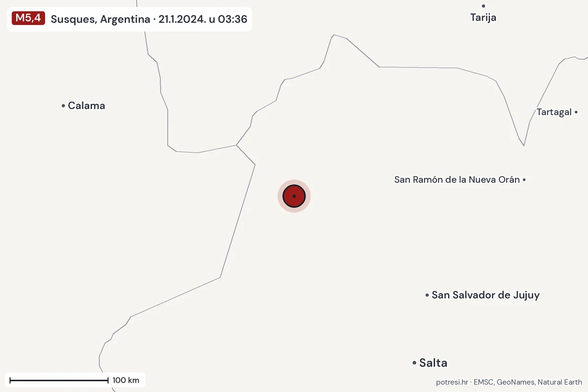 Karta: šire područje, 600 km, potres M5,4, Susques, Argentina, 21.1.2024.