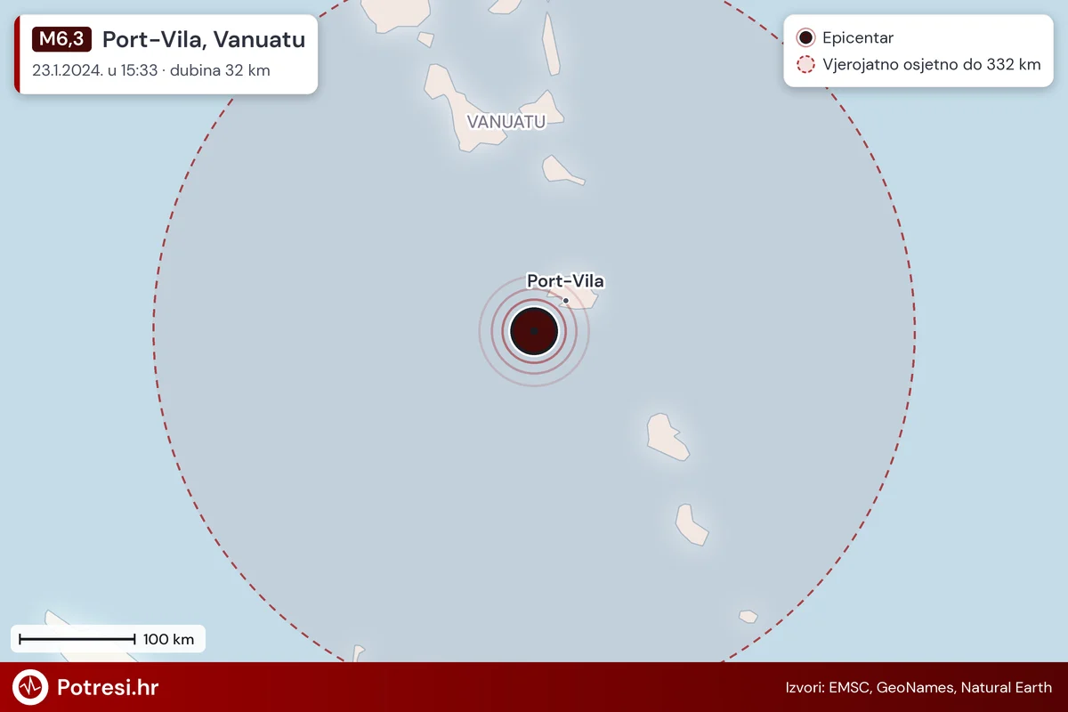 Karta: šire područje i vjerojatni doseg osjeta, potres M6,3, Port-Vila, Vanuatu, 23.1.2024.