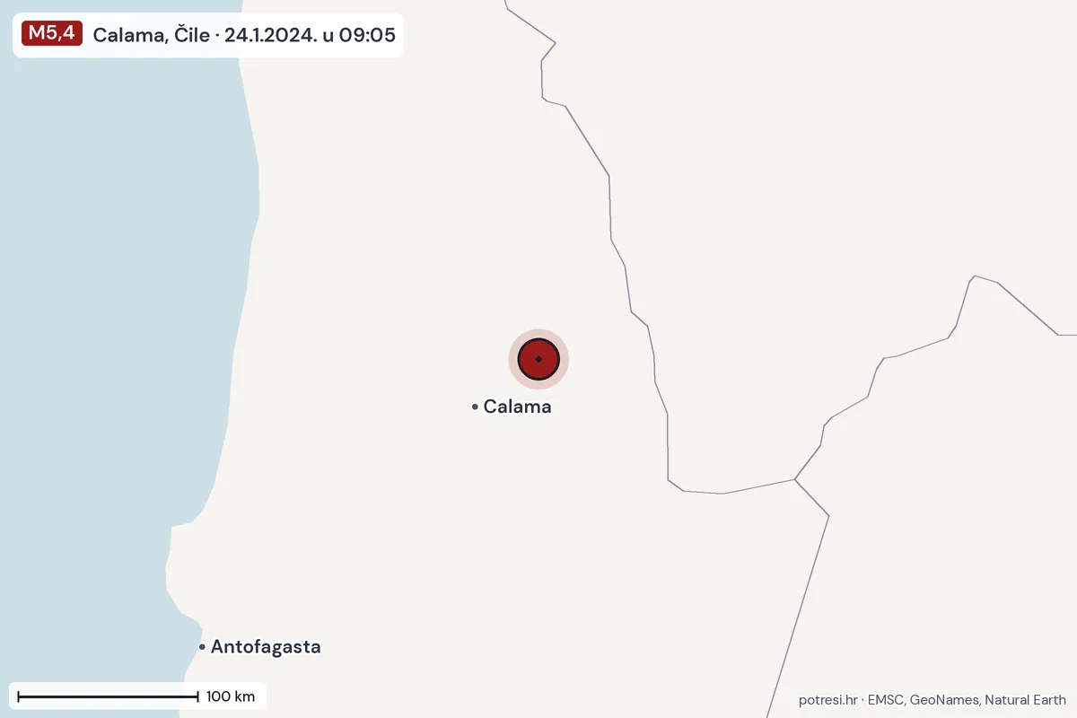 Karta: šire područje, 600 km, potres M5,4, Calama, Čile, 24.1.2024.
