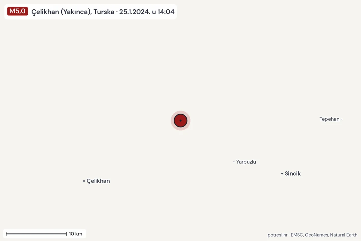 Karta: okolica epicentra, 60 km, potres M5,0, Çelikhan (Yakınca), Turska, 25.1.2024.