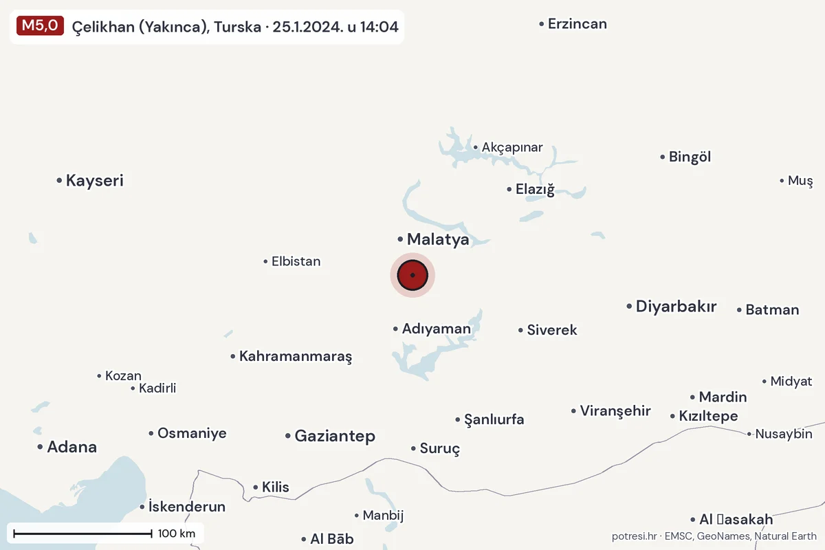 Karta: šire područje, 600 km, potres M5,0, Çelikhan (Yakınca), Turska, 25.1.2024.