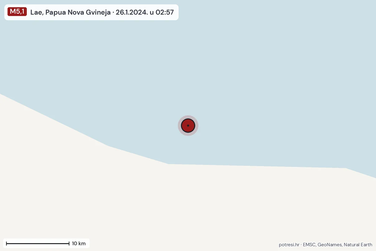 Karta: okolica epicentra, 60 km, potres M5,1, Lae, Papua Nova Gvineja, 26.1.2024.