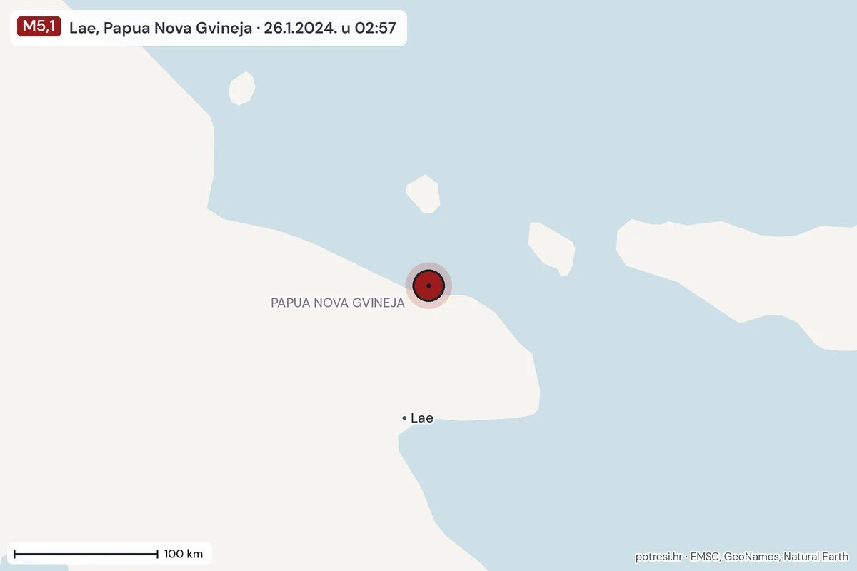 Karta: šire područje, 600 km, potres M5,1, Lae, Papua Nova Gvineja, 26.1.2024.