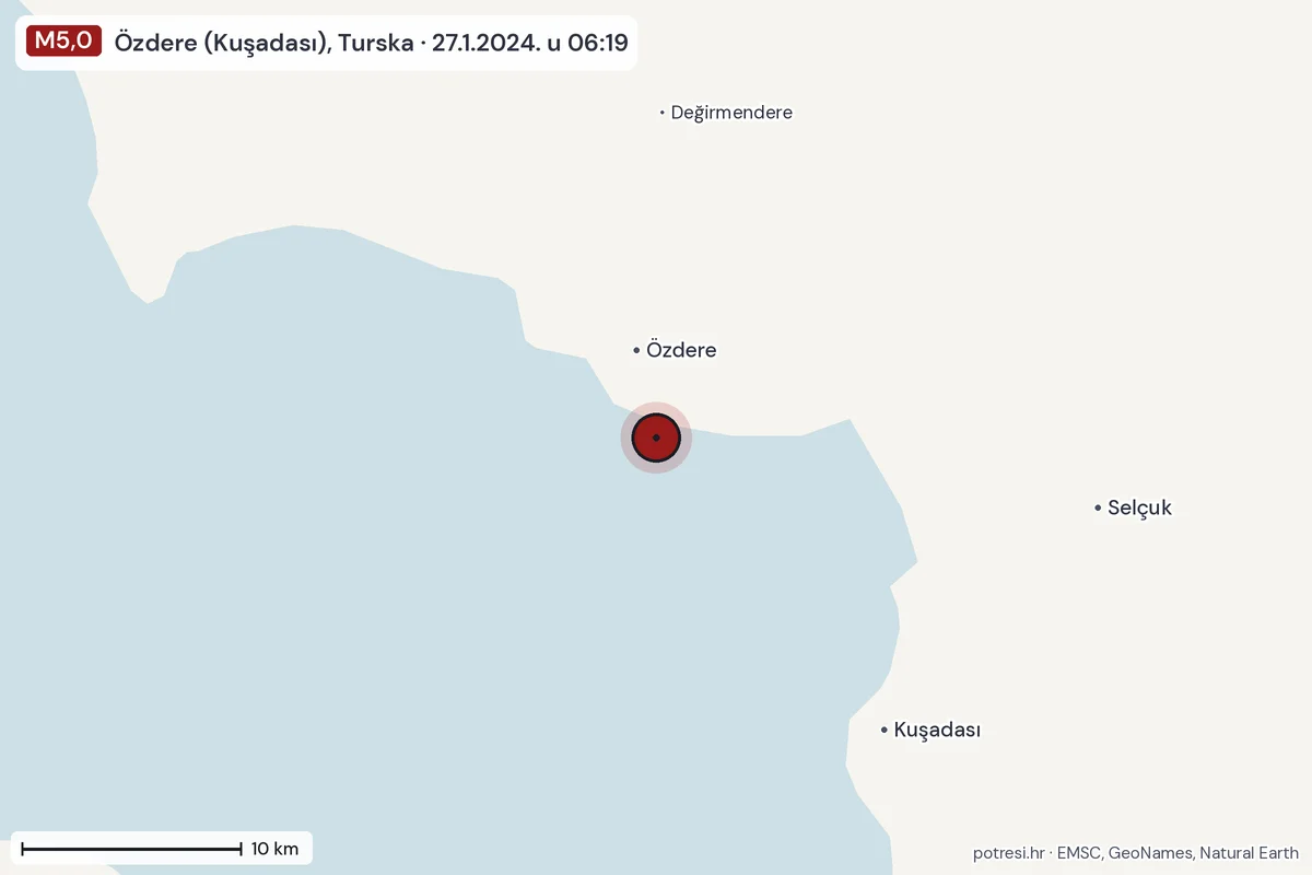 Karta: okolica epicentra, 60 km, potres M5,0, Özdere (Kuşadası), Turska, 27.1.2024.
