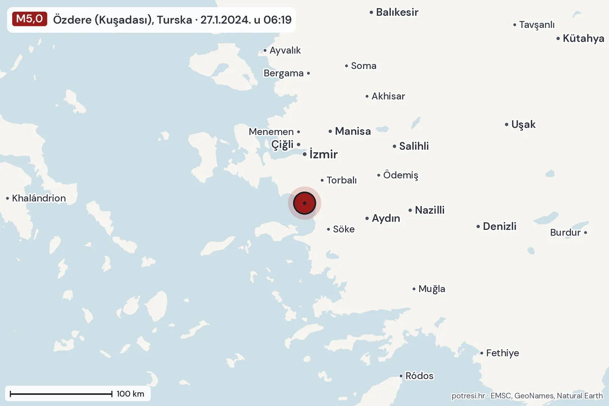 Karta: šire područje, 600 km, potres M5,0, Özdere (Kuşadası), Turska, 27.1.2024.