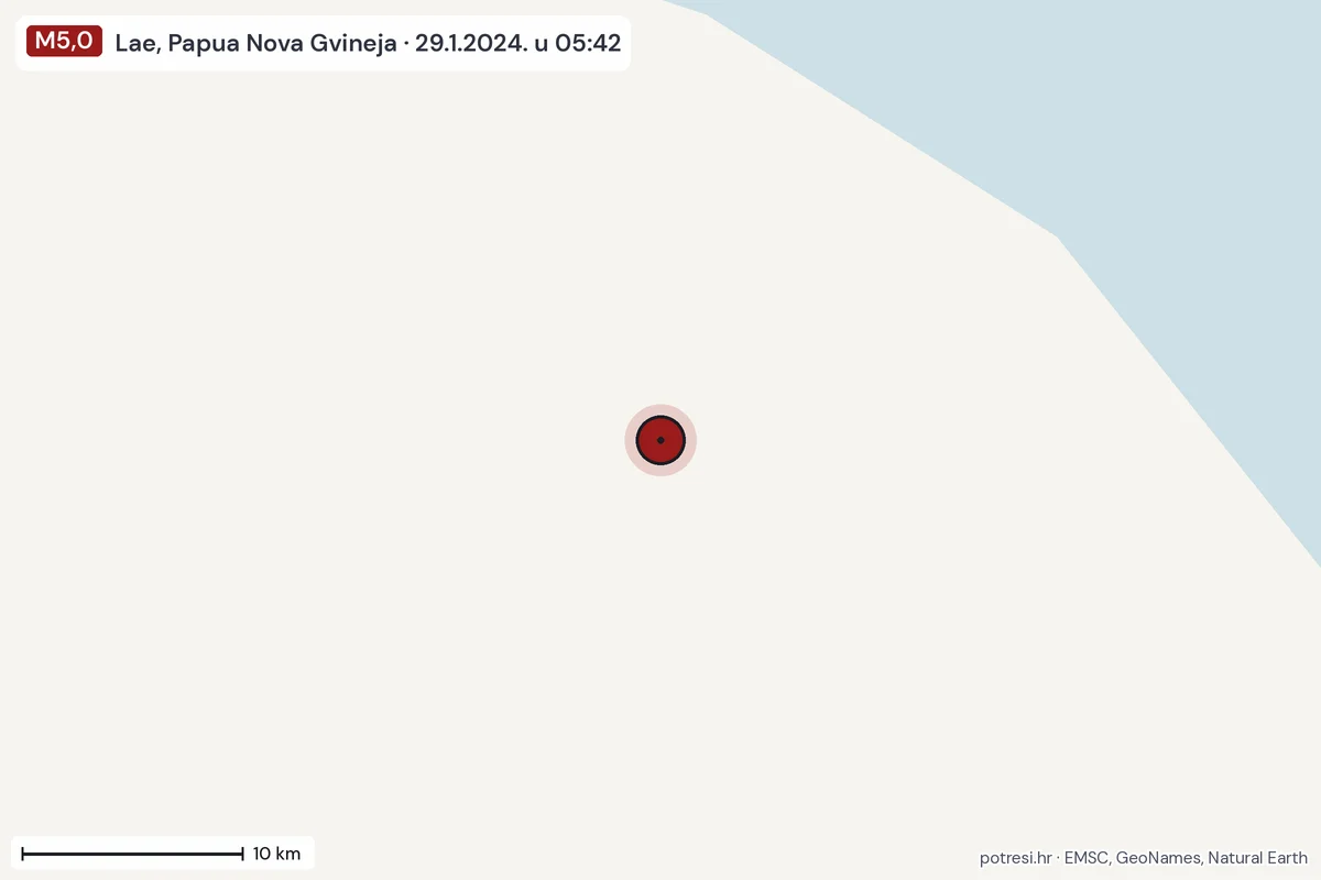 Karta: okolica epicentra, 60 km, potres M5,0, Lae, Papua Nova Gvineja, 29.1.2024.