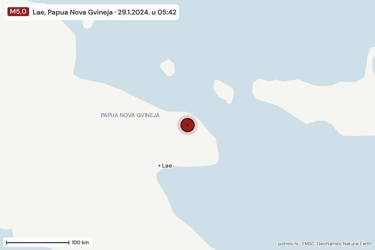 Karta: šire područje, 600 km, potres M5,0, Lae, Papua Nova Gvineja, 29.1.2024.