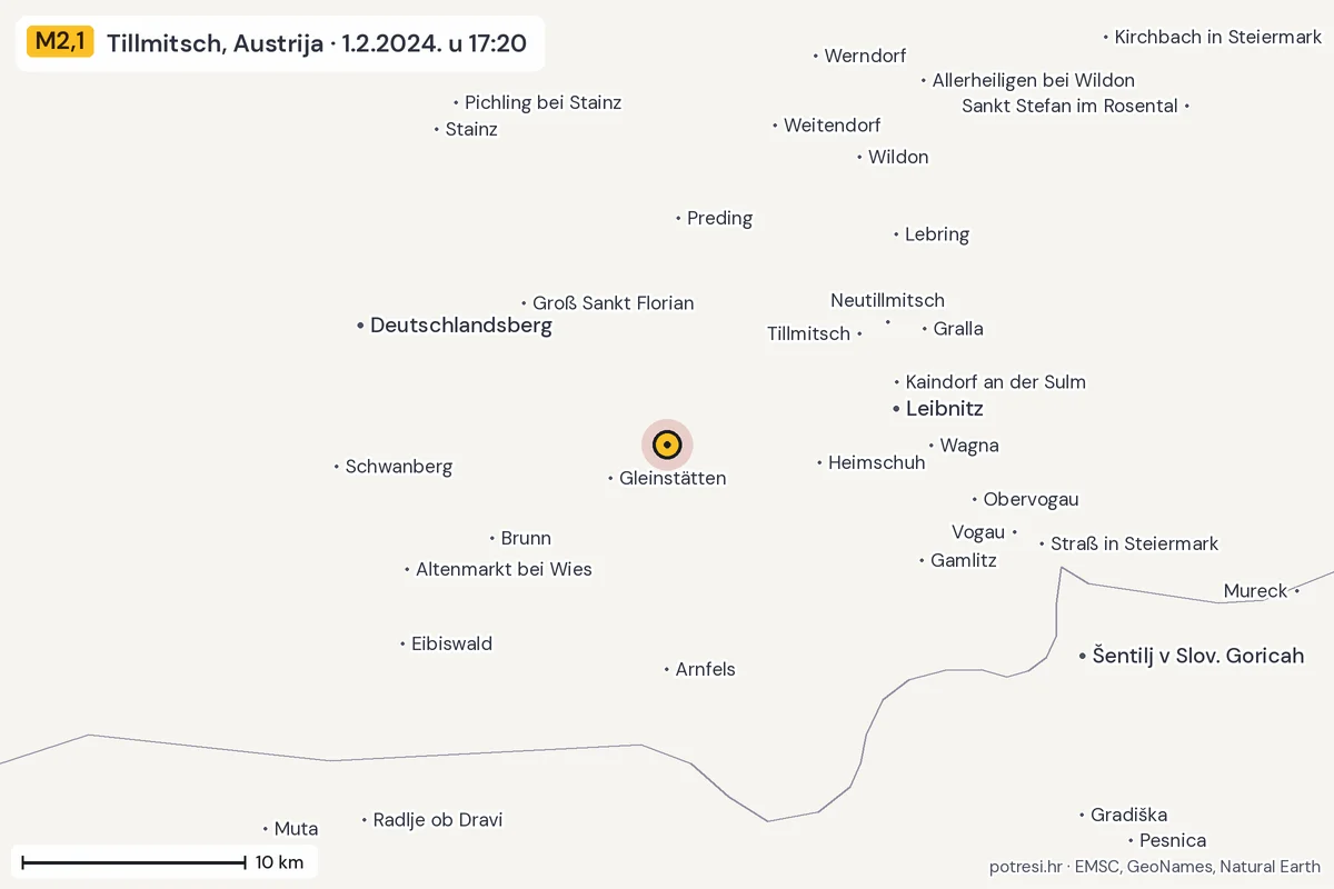 Karta: okolica epicentra, 60 km, potres M2,1, Tillmitsch, Austrija, 1.2.2024.