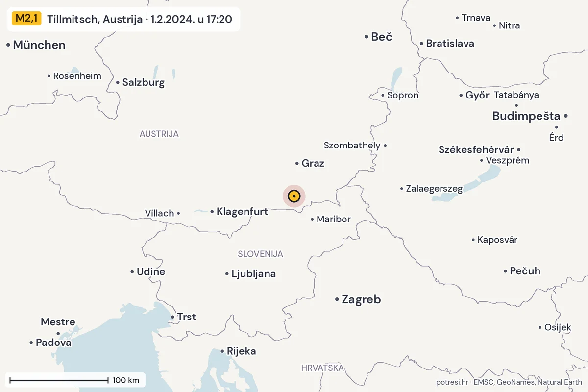 Karta: šire područje, 600 km, potres M2,1, Tillmitsch, Austrija, 1.2.2024.