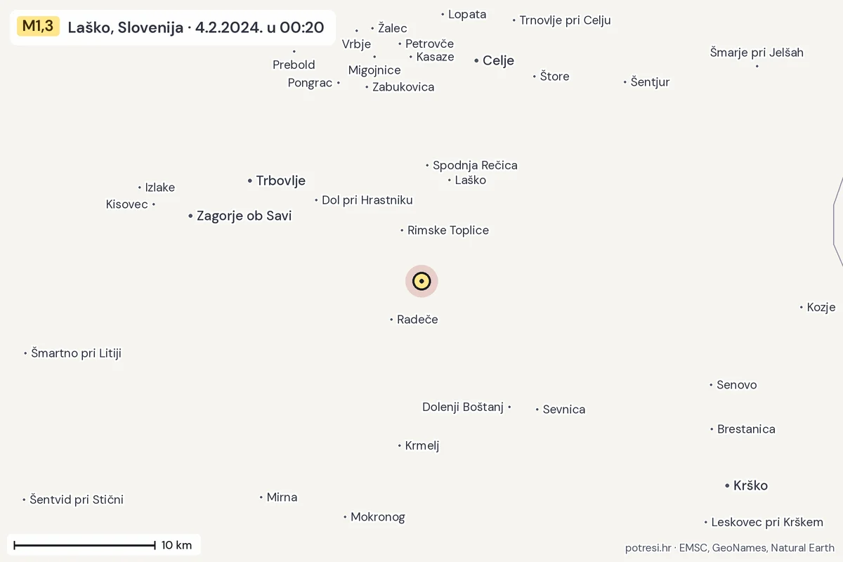 Karta: okolica epicentra, 60 km, potres M1,3, Laško, Slovenija, 4.2.2024.