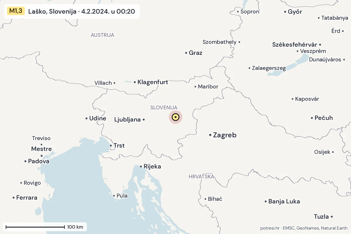 Karta: šire područje, 600 km, potres M1,3, Laško, Slovenija, 4.2.2024.