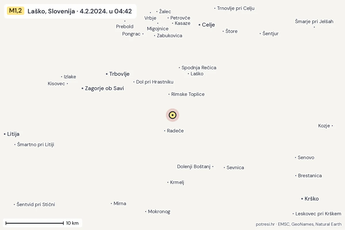 Karta: okolica epicentra, 60 km, potres M1,2, Laško, Slovenija, 4.2.2024.