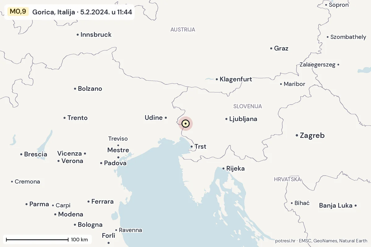 Karta: šire područje, 600 km, potres M0,9, Gorica, Italija, 5.2.2024.