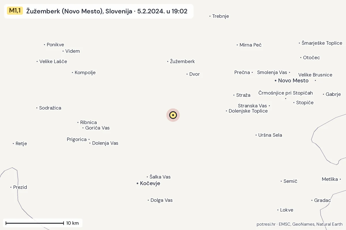 Karta: okolica epicentra, 60 km, potres M1,1, Žužemberk (Novo Mesto), Slovenija, 5.2.2024.