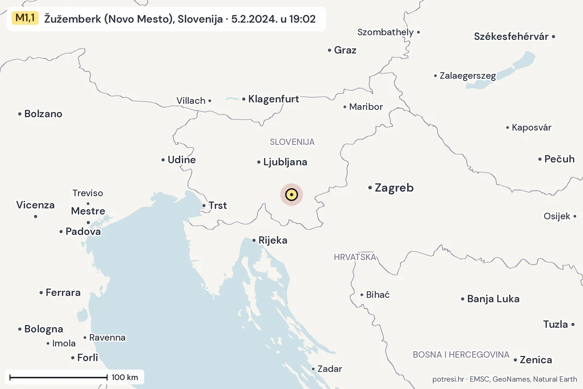Karta: šire područje, 600 km, potres M1,1, Žužemberk (Novo Mesto), Slovenija, 5.2.2024.