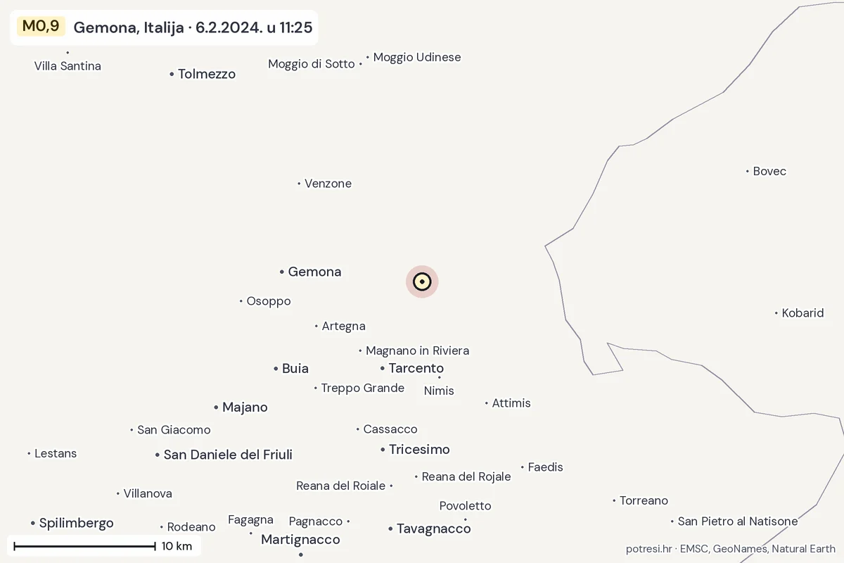 Karta: okolica epicentra, 60 km, potres M0,9, Gemona, Italija, 6.2.2024.