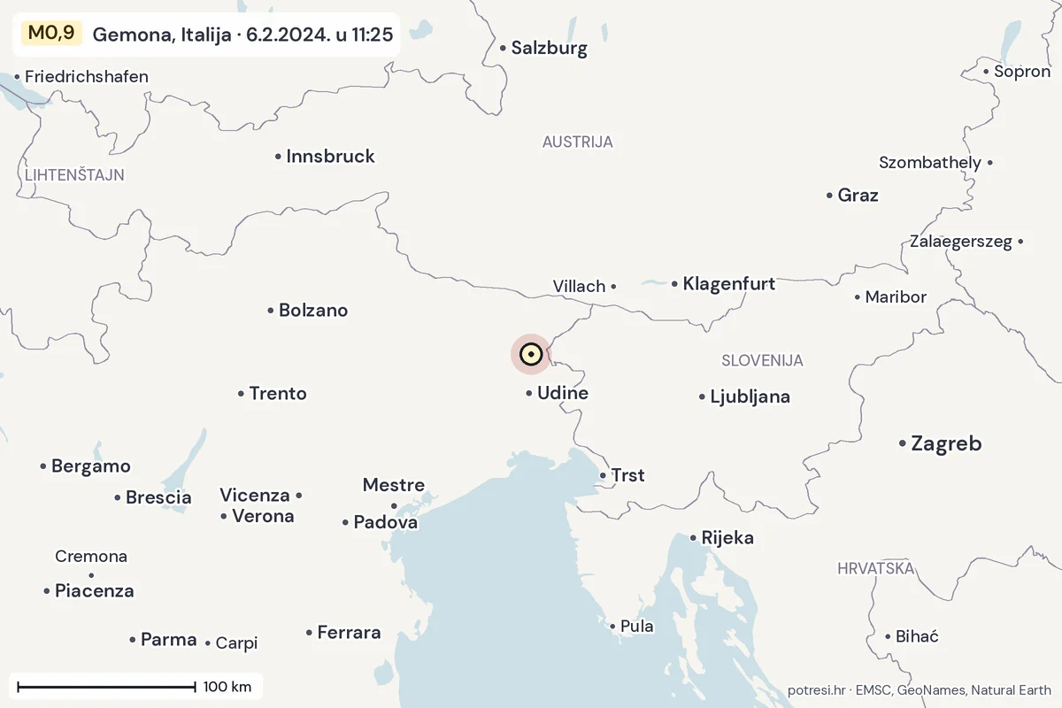 Karta: šire područje, 600 km, potres M0,9, Gemona, Italija, 6.2.2024.