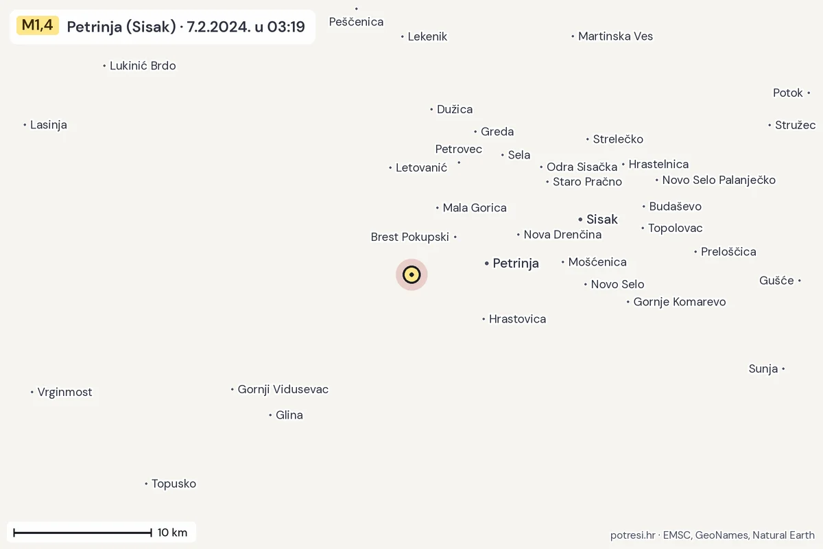 Karta: okolica epicentra, 60 km, potres M1,4, Petrinja (Sisak), 7.2.2024.