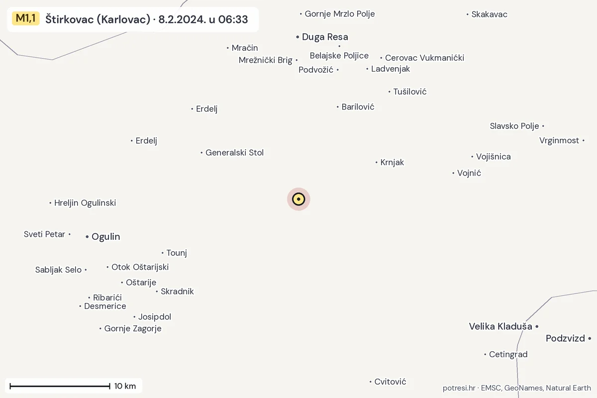 Karta: okolica epicentra, 60 km, potres M1,1, Štirkovac (Karlovac), 8.2.2024.