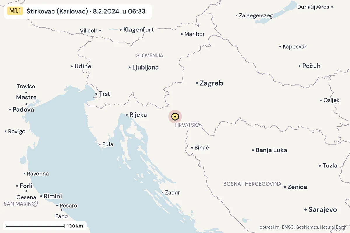 Karta: šire područje, 600 km, potres M1,1, Štirkovac (Karlovac), 8.2.2024.