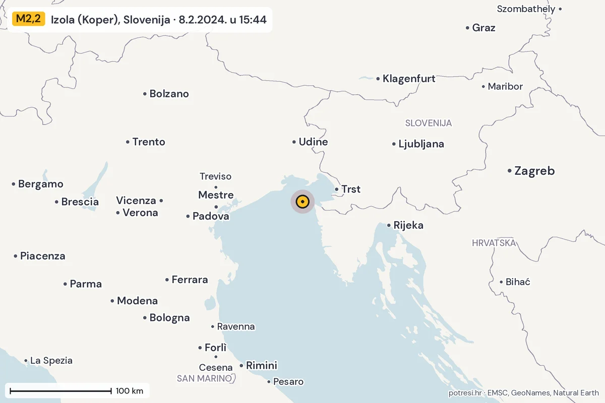 Karta: šire područje, 600 km, potres M2,2, Izola (Koper), Slovenija, 8.2.2024.