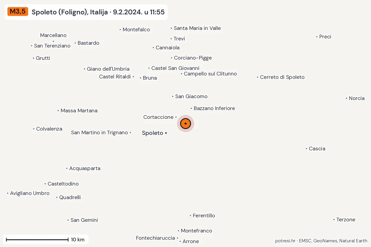 Karta: okolica epicentra, 60 km, potres M3,5, Spoleto (Foligno), Italija, 9.2.2024.