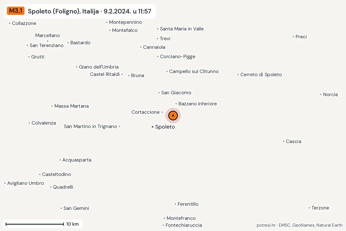 Karta: okolica epicentra, 60 km, potres M3,1, Spoleto (Foligno), Italija, 9.2.2024.